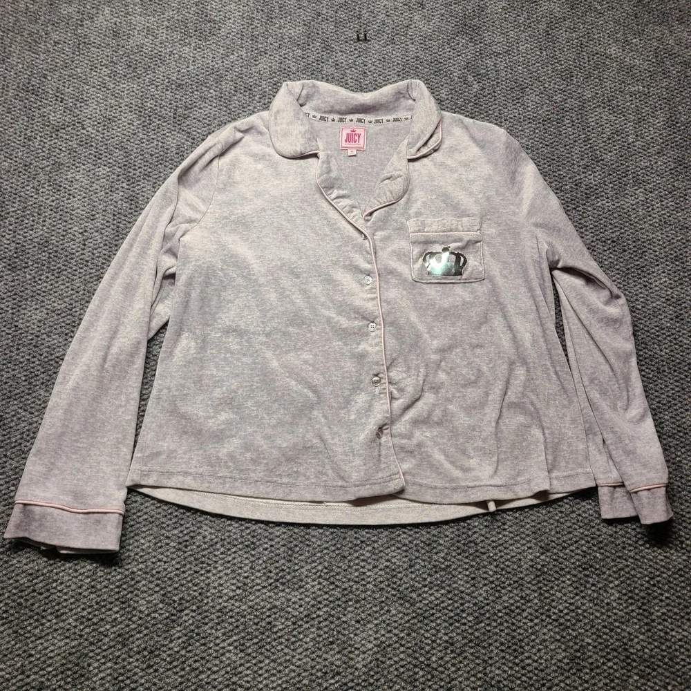 Juicy Couture Pajama Top Womens XL Gray Velour Shirt Sleepwear Button Up Crown
